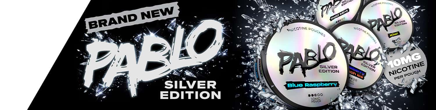 Brand new Pablo Silver Edition nicotine pouches launch poster — Pablo snus UK, 10mg per pouch